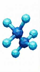 低多邊形藍色分子模型，帶有刻面的球體和圓柱體，背景為白色。