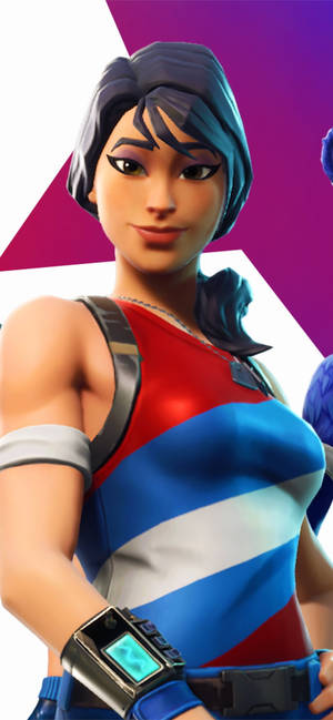 Fortnite角色，藍色頭髮，條紋上衣，戴著未來風格的手腕裝置。