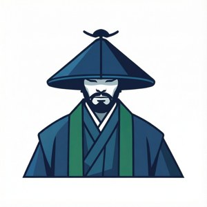 一個穿著傳統日本服飾、戴著圓錐帽和層疊長袍的男人。 — Pixel Watch 壁紙