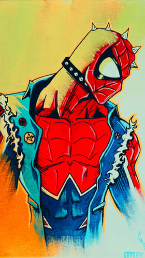 蜘蛛俠穿著龐克風格的夾克和帶尖刺的連帽衫，背景色彩繽紛。 — 蜘蛛俠 壁紙