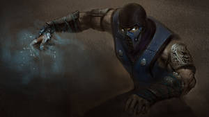 戴面具的戰士身穿藍色盔甲，在黑暗煙霧場景中發出藍色能量。 — 動漫打鬥 壁紙