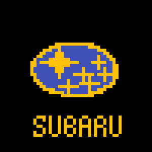 像素化Subaru標誌，藍色橢圓形和黃色星星在黑色背景上。 — 美學拼貼 壁紙
