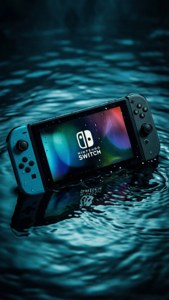 Nintendo Switch主機漂浮在深藍綠色水中，屏幕發光