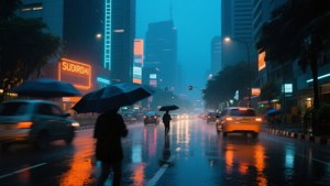行人撐著傘在發光的霓虹招牌和街燈下，走過雨濕的街道。