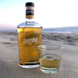Suerte龍舌蘭酒瓶和玻璃杯在沙灘日落