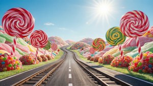 一條道路和火車軌道蜿蜒穿過糖果樂園，有巨大的棒棒糖和色彩繽紛的山丘，在明亮的陽光下。