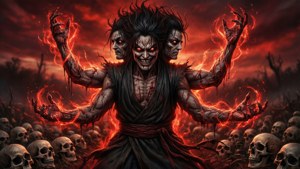 三頭惡魔 火焰之手 站在骷髏場 紅天空