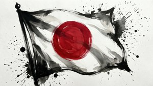 以黑色筆觸和飛濺的水彩繪製的日本國旗