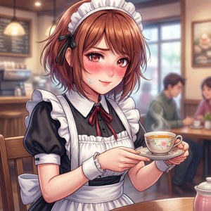 動漫女僕在咖啡館奉茶，臉頰紅潤，花卉杯子