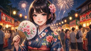 年輕女子穿著花卉和服在夜間節日手持扇子，煙火和燈籠