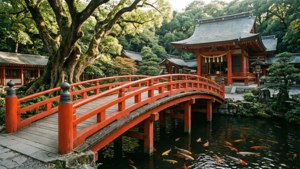 紅色木橋橫跨錦鯉池，通往被綠樹環繞的日本神社