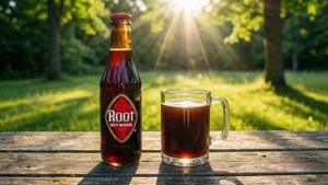 在陽光明媚的公園裡，一張木製野餐桌上放著一瓶和一杯Root Diet Root Beer。