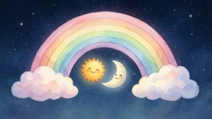 微笑的太陽和月亮坐在星空夜空的雲朵之間的彩虹下。