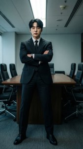 黑色西裝男子交叉雙臂站在會議室中，配有木桌和黑色椅子