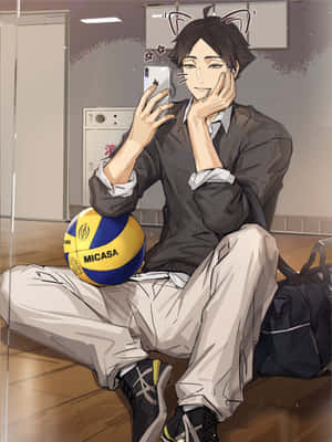 貓耳動漫男孩坐在健身房地板上，拿著手機和排球。