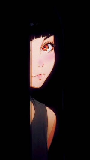 動漫女孩從黑暗中偷看，眼睛發光，臉頰粉嫩。