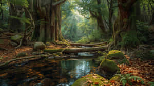 一條寧靜的森林小溪在斑駁的陽光下流過長滿苔蘚的岩石和倒下的原木。