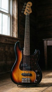 一把漸變色Fender低音結他直立於木質房間內，靠近窗戶。