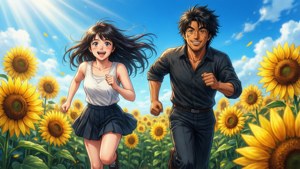 微笑的動漫男女在陽光明媚的天空下穿過向日葵田奔跑。