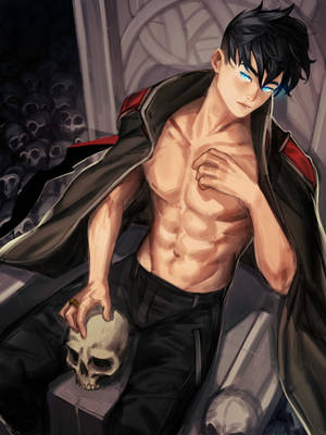 藍眼動漫男人在哥德式房間手持頭骨