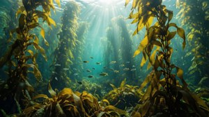 陽光穿過高大的海藻森林，小魚在葉片間游動。