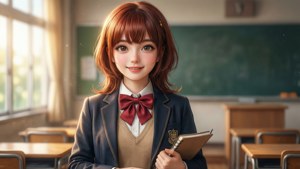 穿著校服的動漫女學生在教室裡拿著筆記本，陽光照射。