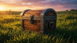 一個帶有金屬帶的木製寶箱在日落時分躺在高高的草叢中。