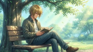 金髮年輕男子在公園的樹下木長椅上閱讀。