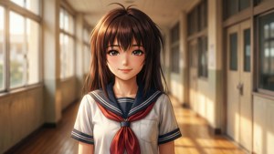 動漫女孩穿著水手服站在陽光普照的學校走廊