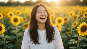 一位微笑的女人在夕陽下的向日葵田裡，穿著白色襯衫