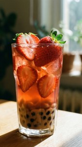 一杯士多啤梨波波茶，有冰同新鮮士多啤梨，放喺陽光下嘅木枱上