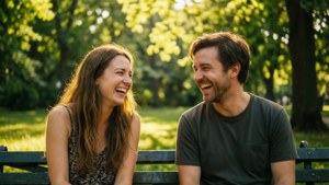 微笑的男女在陽光普照的樹下公園長椅上一起大笑。