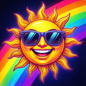 一個微笑的太陽戴著太陽眼鏡，背後有彩虹。
