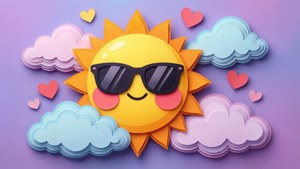 一個戴著太陽眼鏡、臉頰紅潤的微笑太陽，被雲朵和心形環繞。