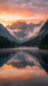 山湖反射橙色日落雲和霧氣籠罩的山峰，周圍環繞著森林