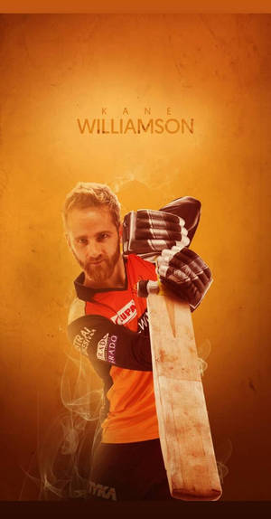 板球運動員Kane Williamson在橙色背景上手持球棒，帶有煙霧效果。