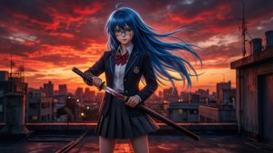 藍髮戴眼鏡的動漫少女在夕陽下天台上手持武士刀。