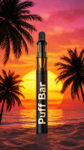 黑色Puff Bar電子煙筆在沙灘沙地上，背景有棕櫚樹和日落