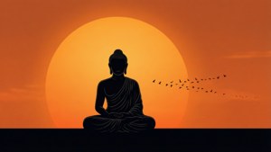 佛像剪影在夕陽下冥想，鳥兒在頭頂飛翔