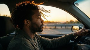 留著辮子頭的男人在金色日落的高速公路上開車