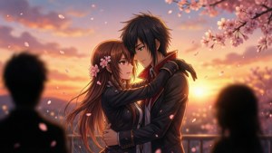 動漫情侶在夕陽下櫻花中擁抱，剪影觀看