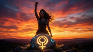 女性在日落時分在發光的女權主義符號石上舉起拳頭
