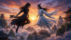 兩位武術家在夕陽下，於雲霧環繞的古老寺廟上空決鬥。