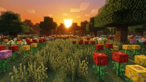 像素化 Minecraft 田野，日落時分有花朵和樹木