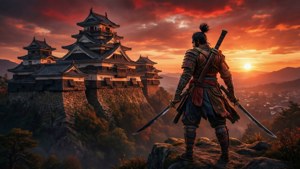 雙刀武士戰士在夕陽下俯瞰日本城堡。