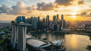 新加坡天際線在夕陽下，濱海灣金沙和藝術科學博物館在水面倒映