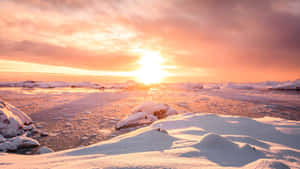 冰凍的北極海岸線沐浴在溫暖的夕陽光中，有積雪的岩石和浮冰。