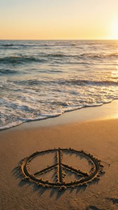 夕陽時分在沙上畫出的和平符號與海浪