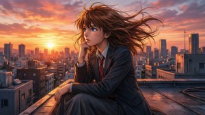 動漫女孩穿著校服坐在屋頂上，夕陽下俯瞰城市