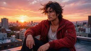 穿紅色外套的男人在日落時坐在屋頂上俯瞰城市